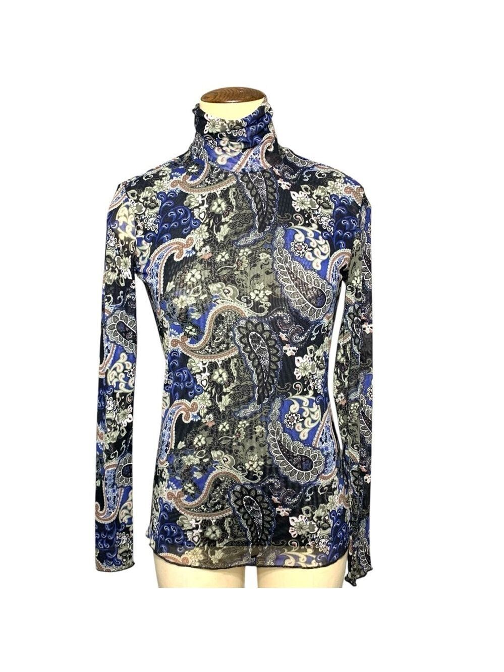 Sheer Mesh Long Sleeve Shirt Paisley Black Blue Grunge Y2K Sz XS